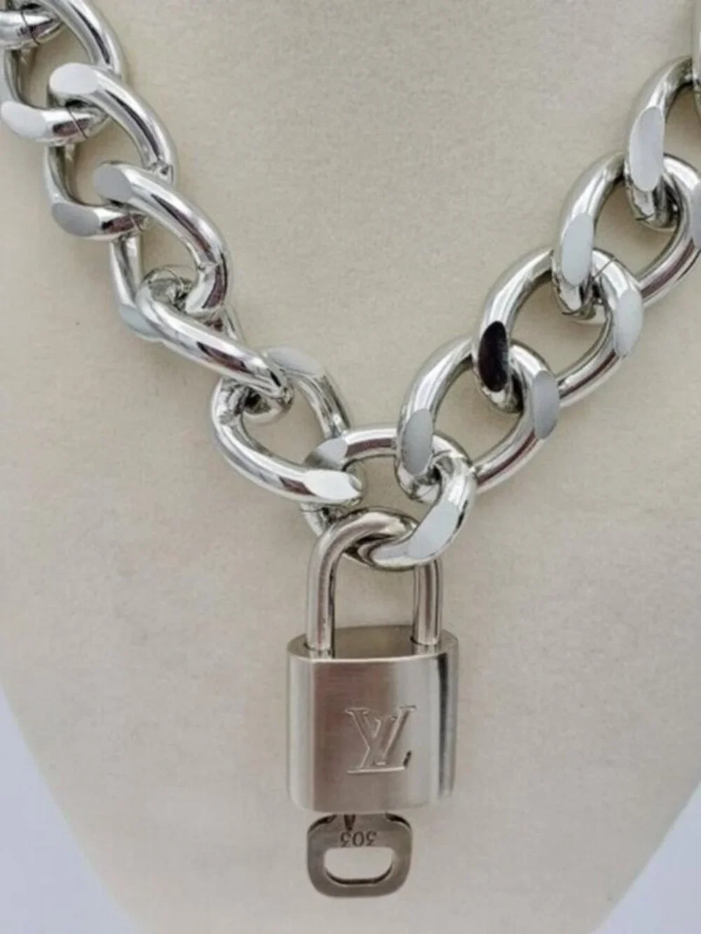 Authentic Louis Vuitton Padlock w/Unbranded Stainless Steel Plated Silver Chain